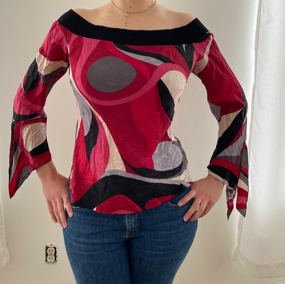 Vintage Tops - Vintage Italian Brand Silky Off-Shoulder Retro Funky Blouse